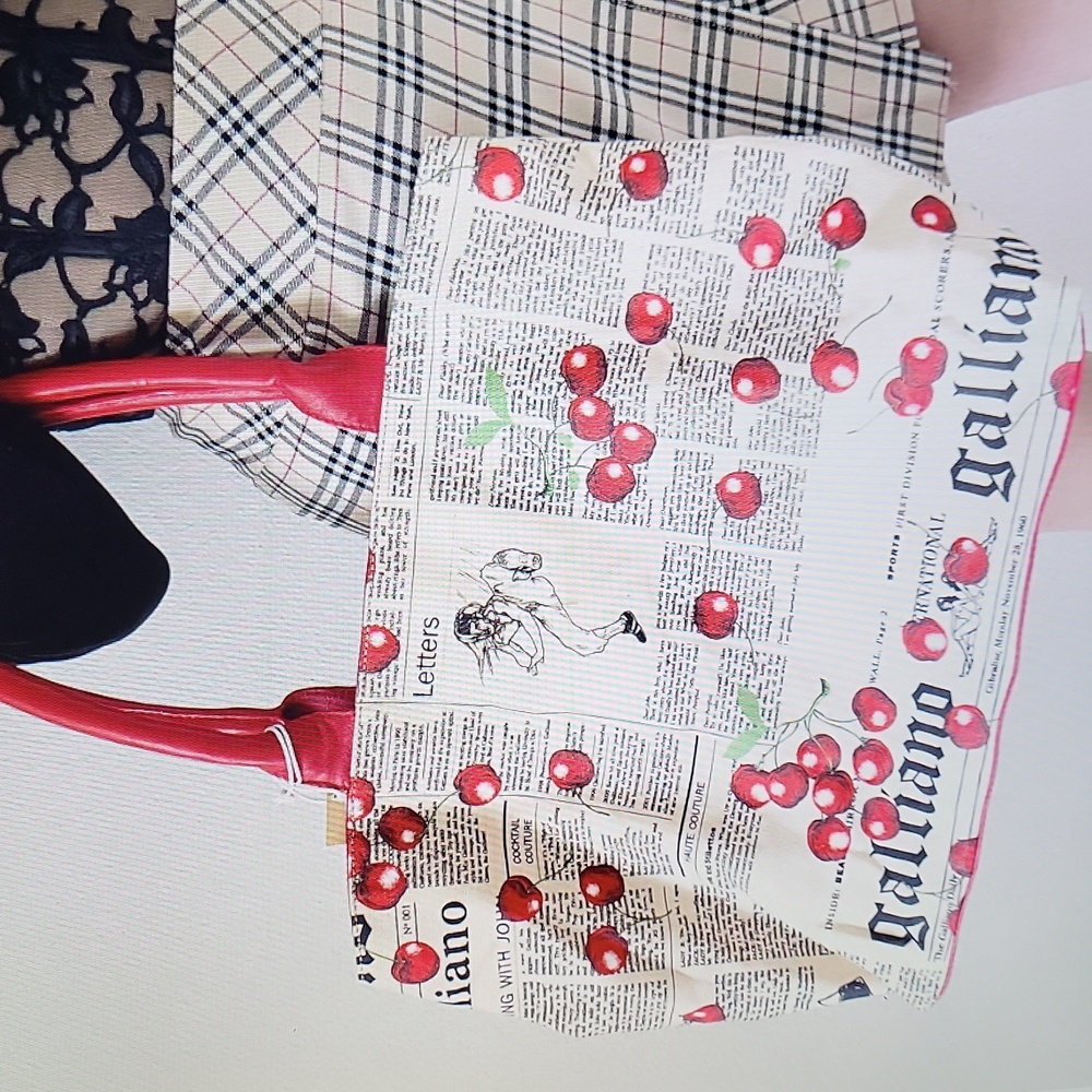 John Galliano Cherry Print Tote with Red Handles